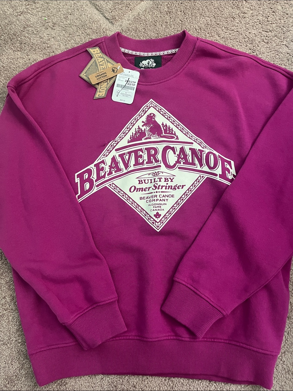 Roots Magenta Crewneck Sweatshirt with Beaver Canoe Graphic